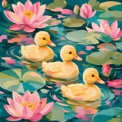 Duckling Lily Pond- Diamond Art Kit (40x40cm, Round Drill)