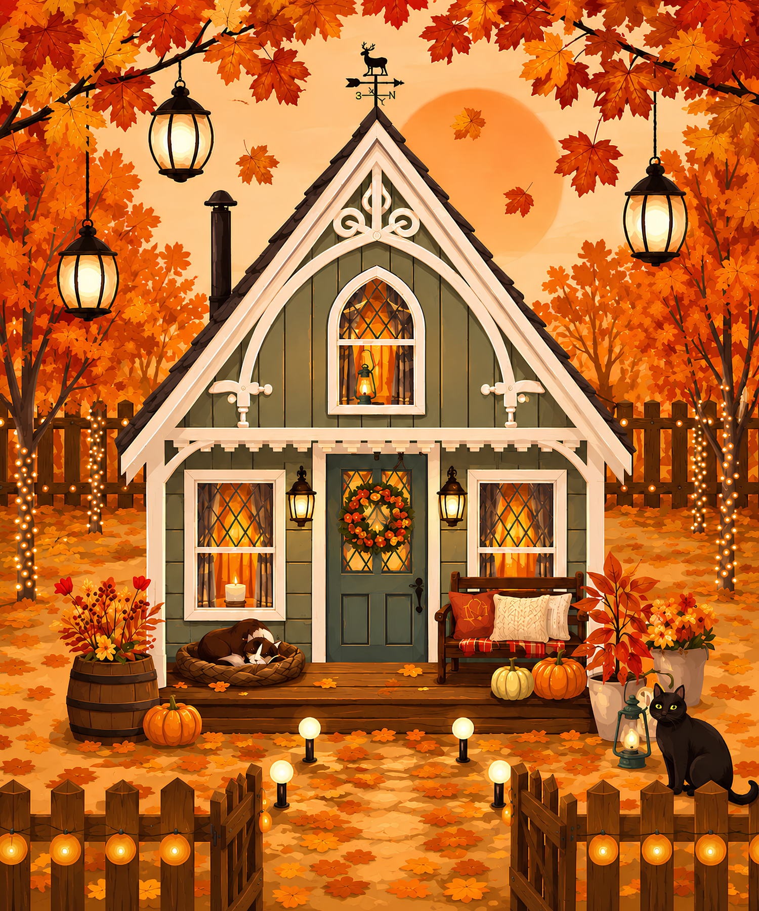 Falling Leaves Cottage– Diamond Art Kit (50x60cm, Square Drill)