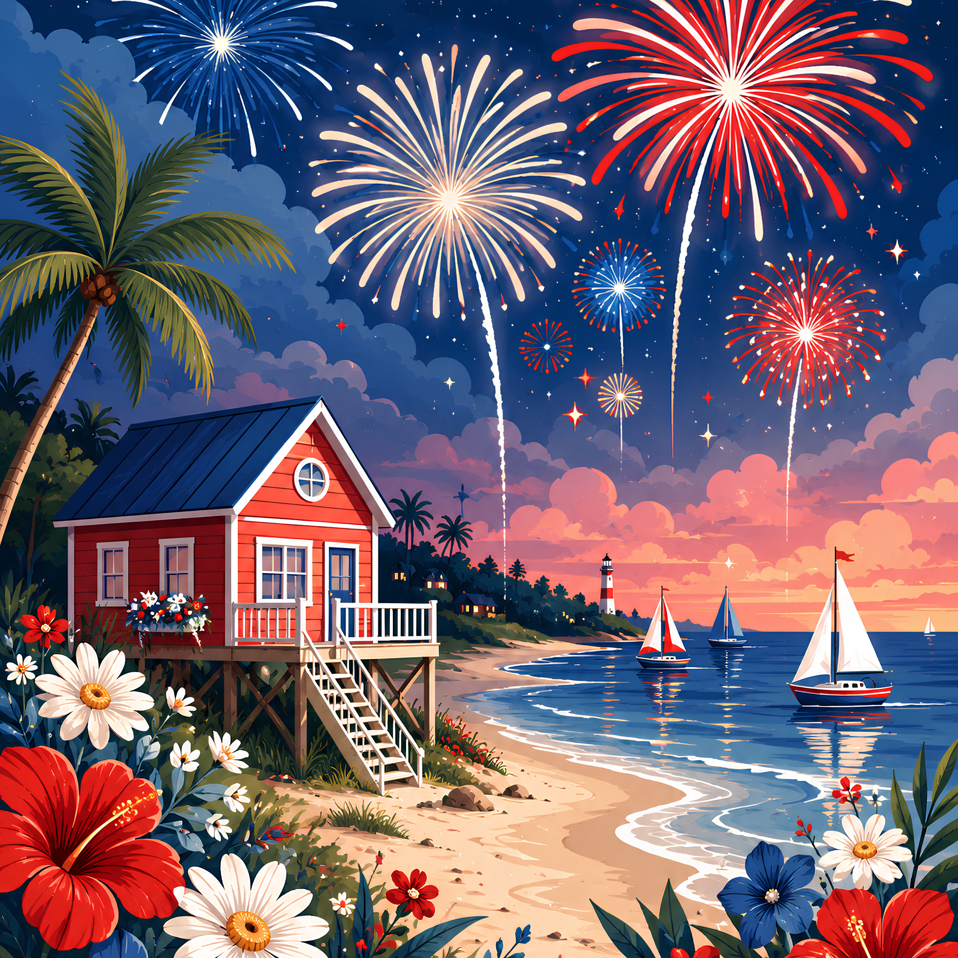 Fireworks by the Shore – Diamond Art Kit (50x60cm, Square Drill)