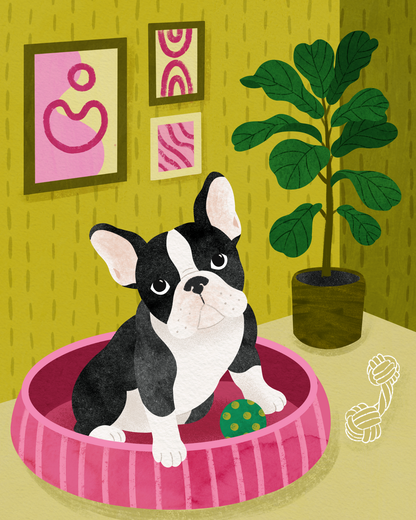 French Bulldog in Pink Bed-Art by Leysan Shayak- Diamond Art Kit (40x50cm Square Drill)