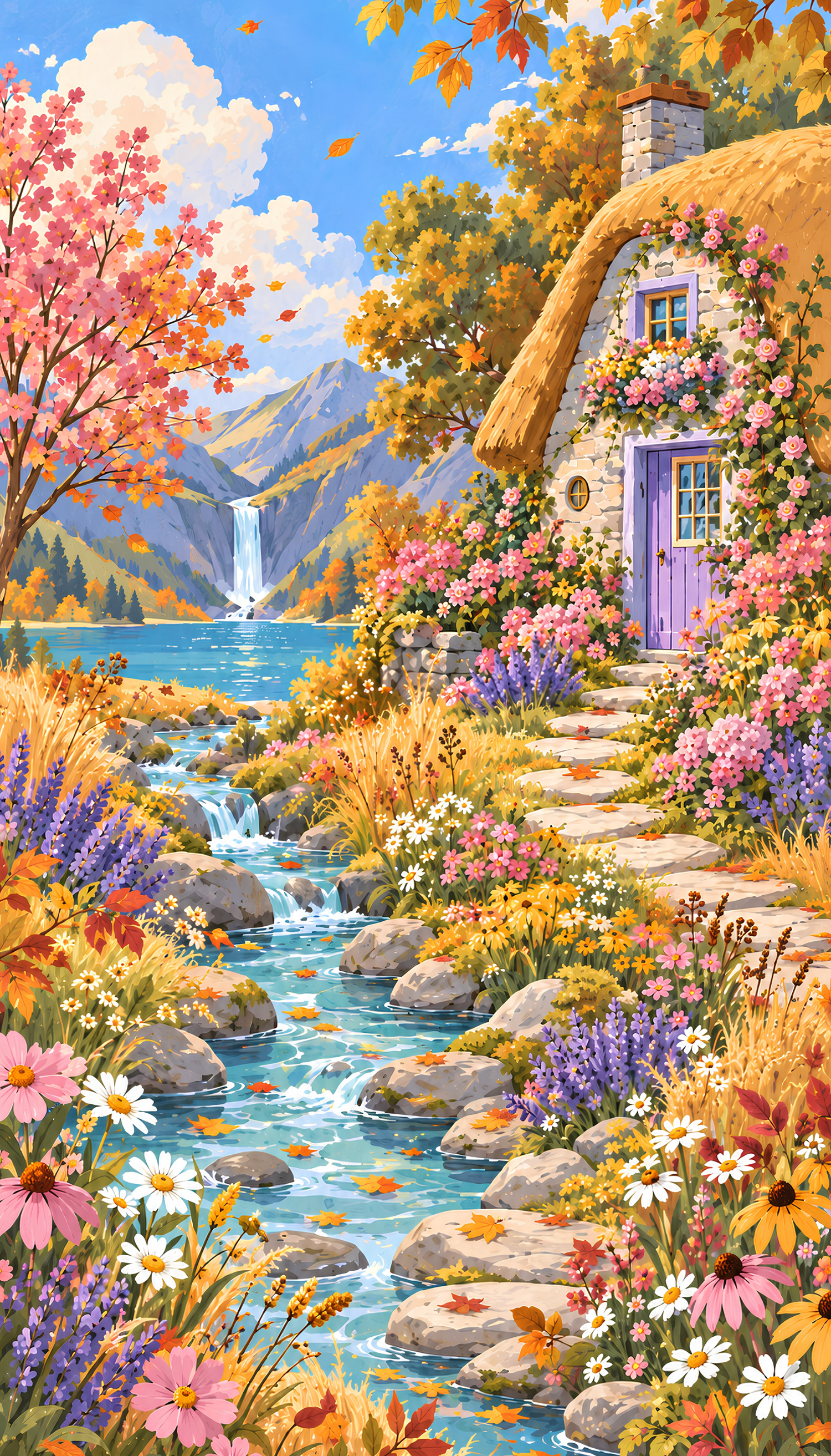 Golden Cottage Falls– Diamond Art Kit (40x70cm, Square Drill)