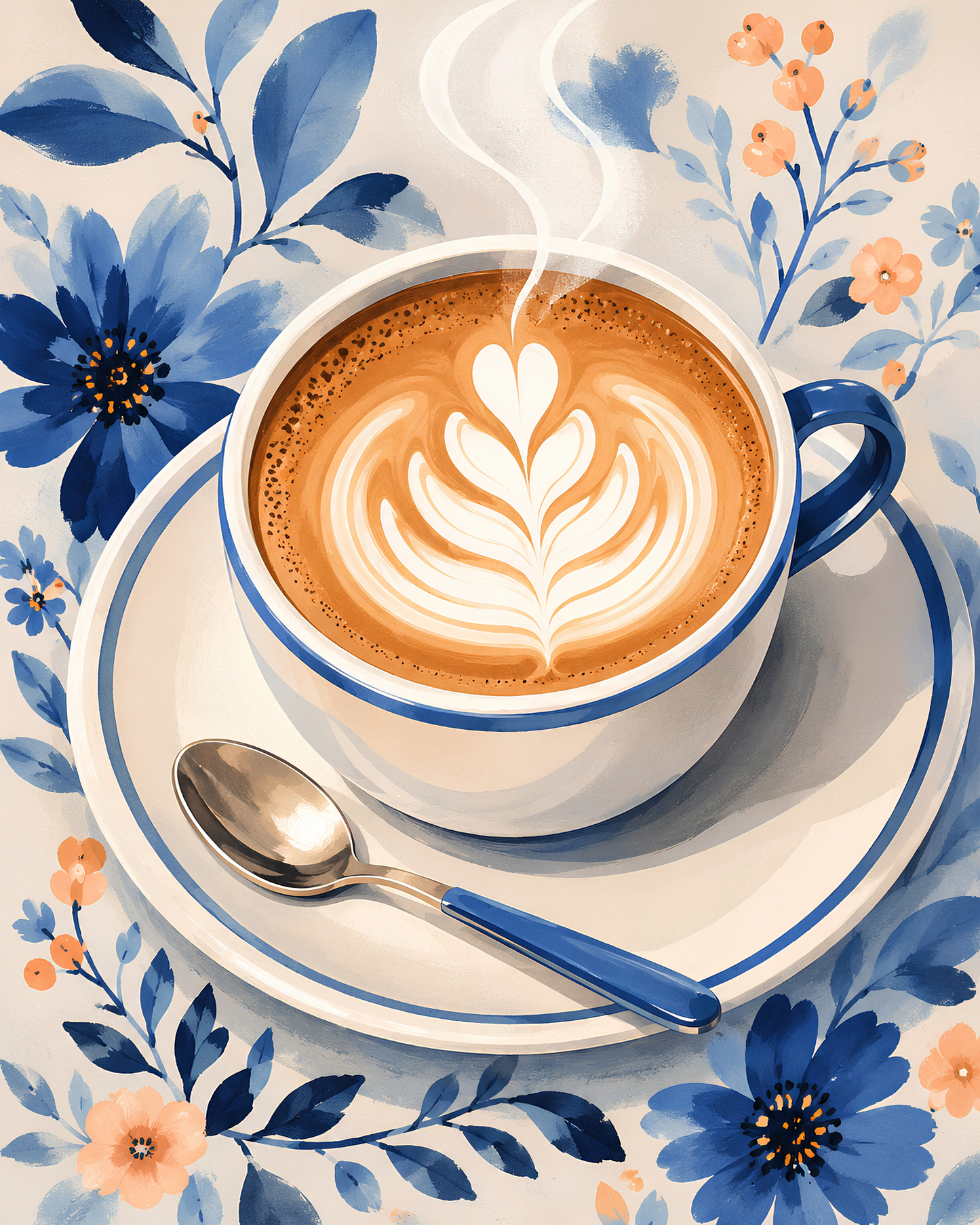 Latte & Blue Petals- Diamond Art Kit (40x50cm, Square Drill)