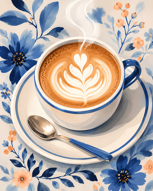 Latte & Blue Petals- Diamond Art Kit (40x50cm, Square Drill)