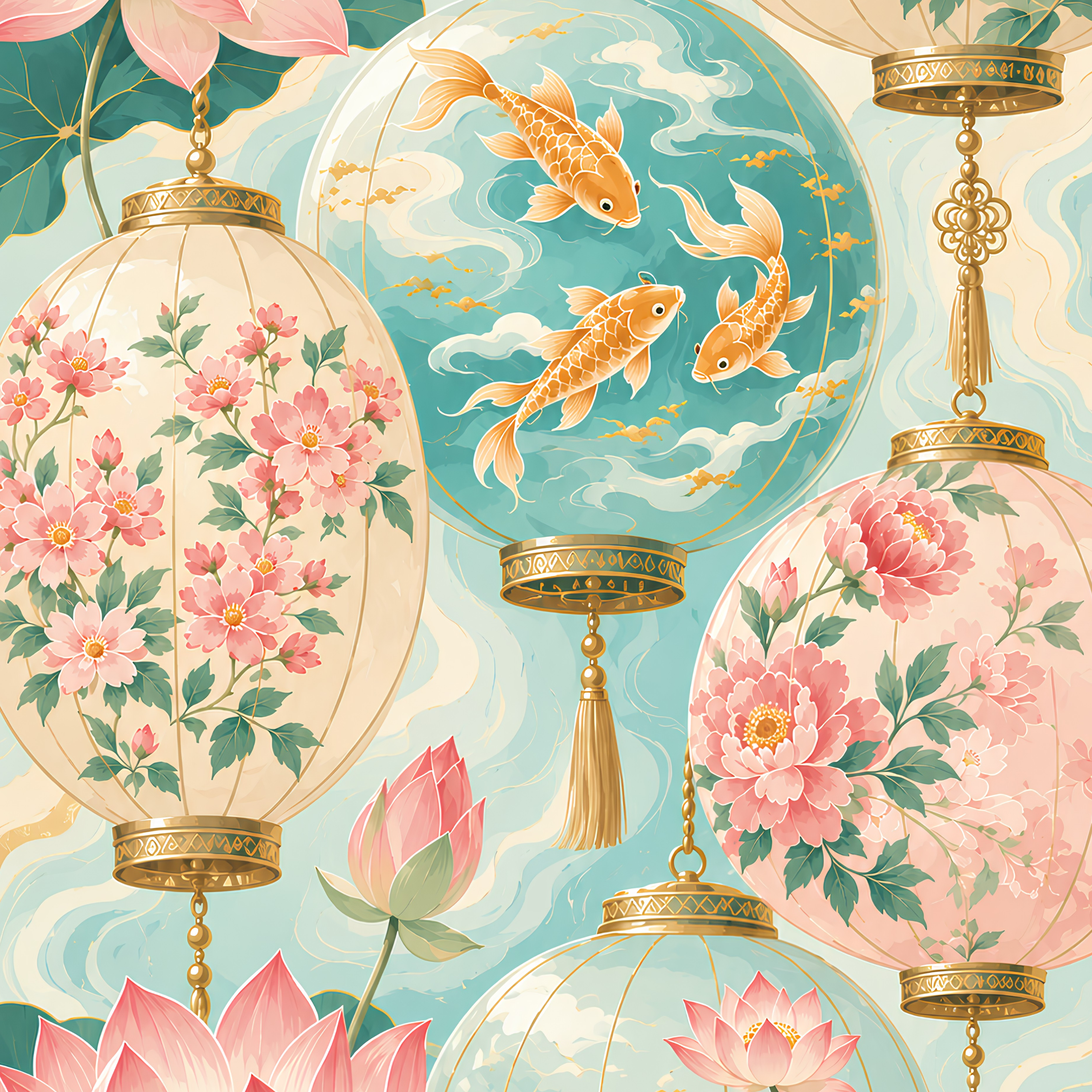 Lotus Koi Lanterns- Diamond Art Kit (50x75cm, Square Drill)