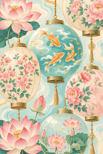 Lotus Koi Lanterns- Diamond Art Kit (50x75cm, Square Drill)