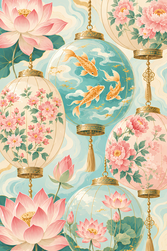 Lotus Koi Lanterns- Diamond Art Kit (50x75cm, Square Drill)
