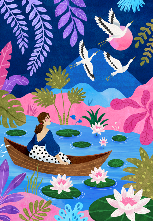 Lotus Lake & Cranes- Art by Leysan Shayak- Diamond Art Kit (45x65cm, Square Drill)