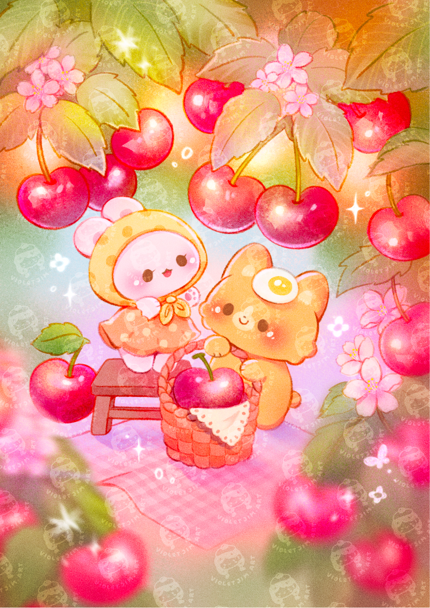 Mochi & Bonbon Cherry Picking by Violet Jim- Diamond Art Kit (45x60cm) Hand Rendered