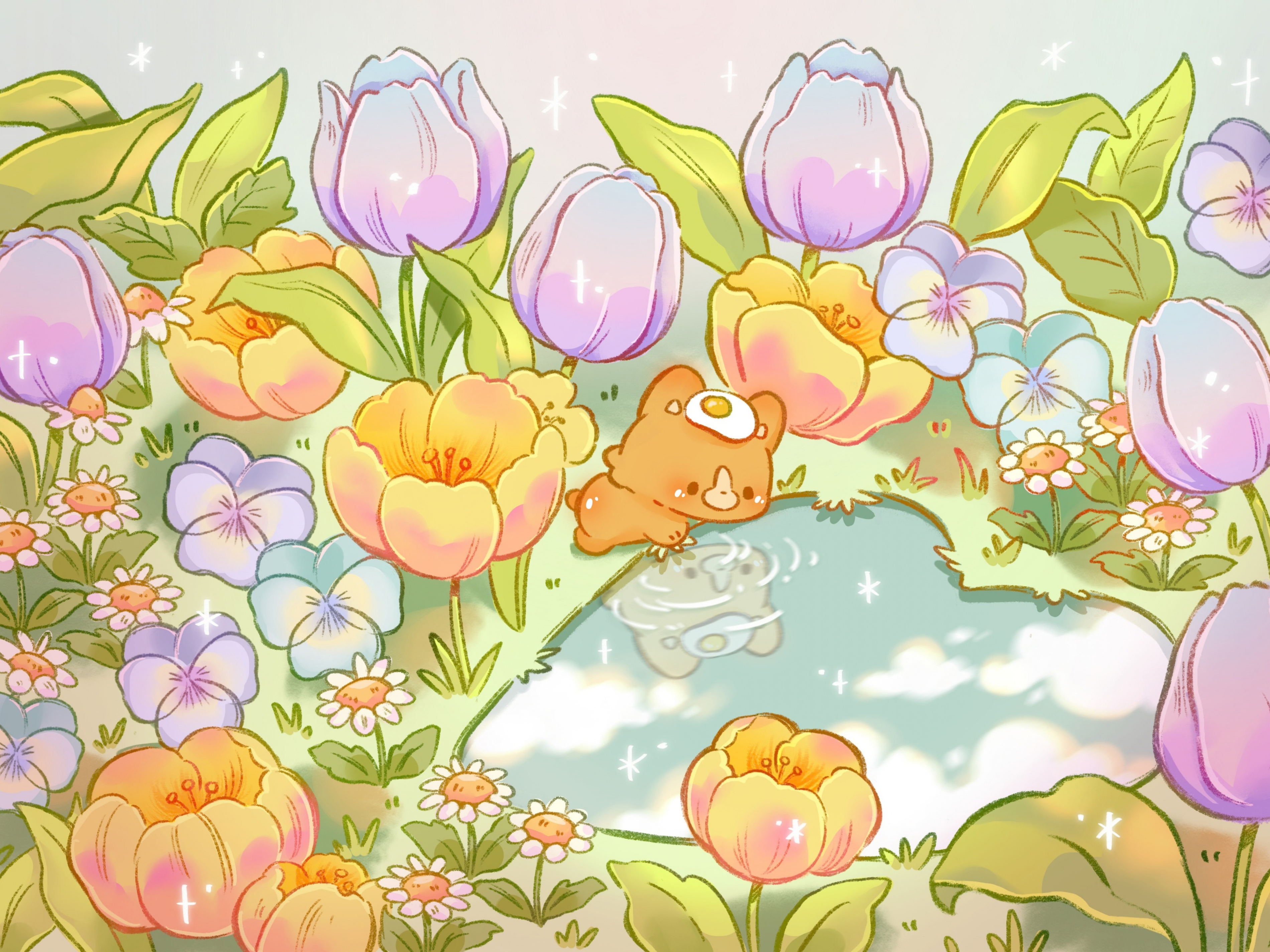 Mochi at the Tulip Pond by Violet Jim Art- Diamond Art Kit (60x45cm Round Drill) Hand Rendered