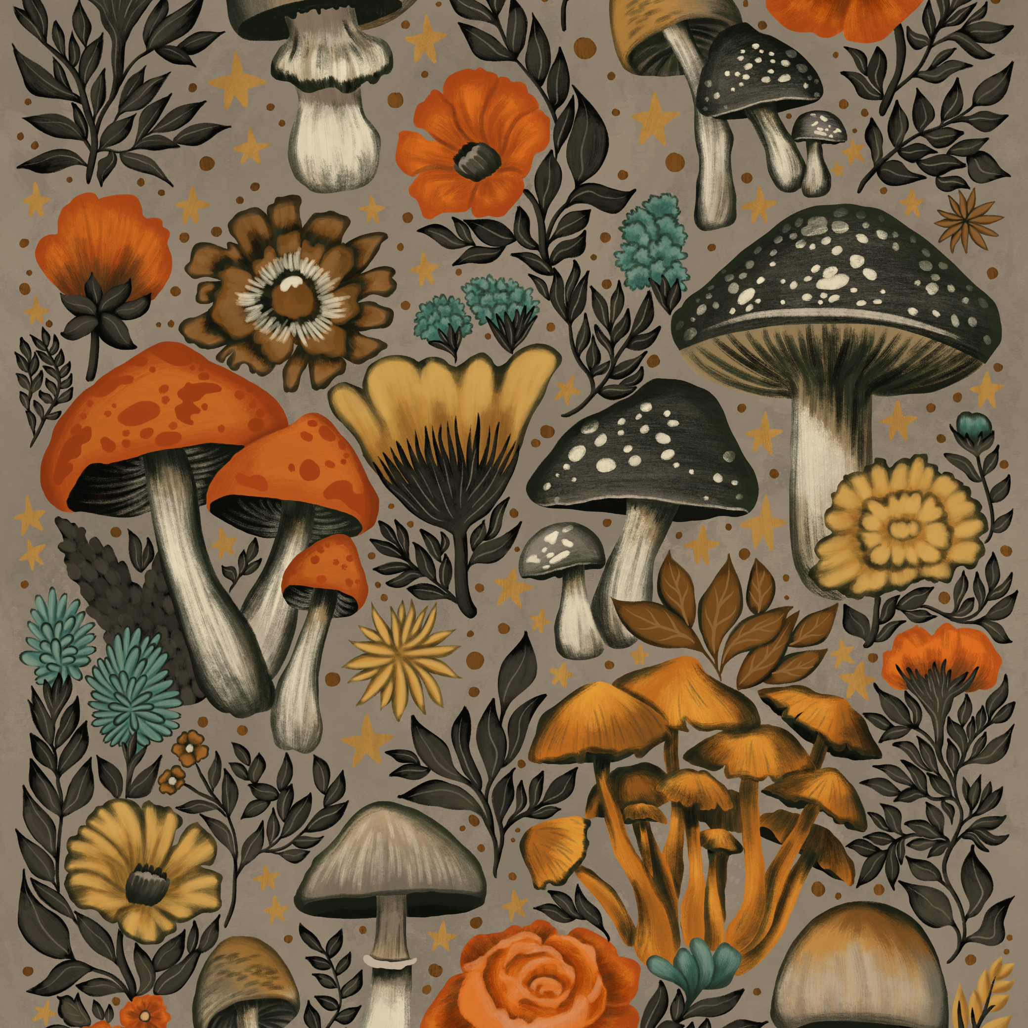 Mushrooms & Marigolds by Lisa D Art Designs – Diamond Art Kit (40x55cm, Square Drill)
