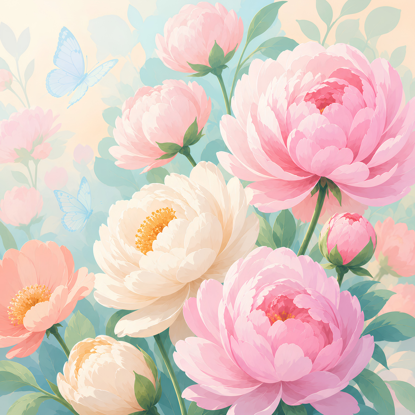 Pastel Peony Garden- Diamond Art Kit (40x40cm, Square Drill)