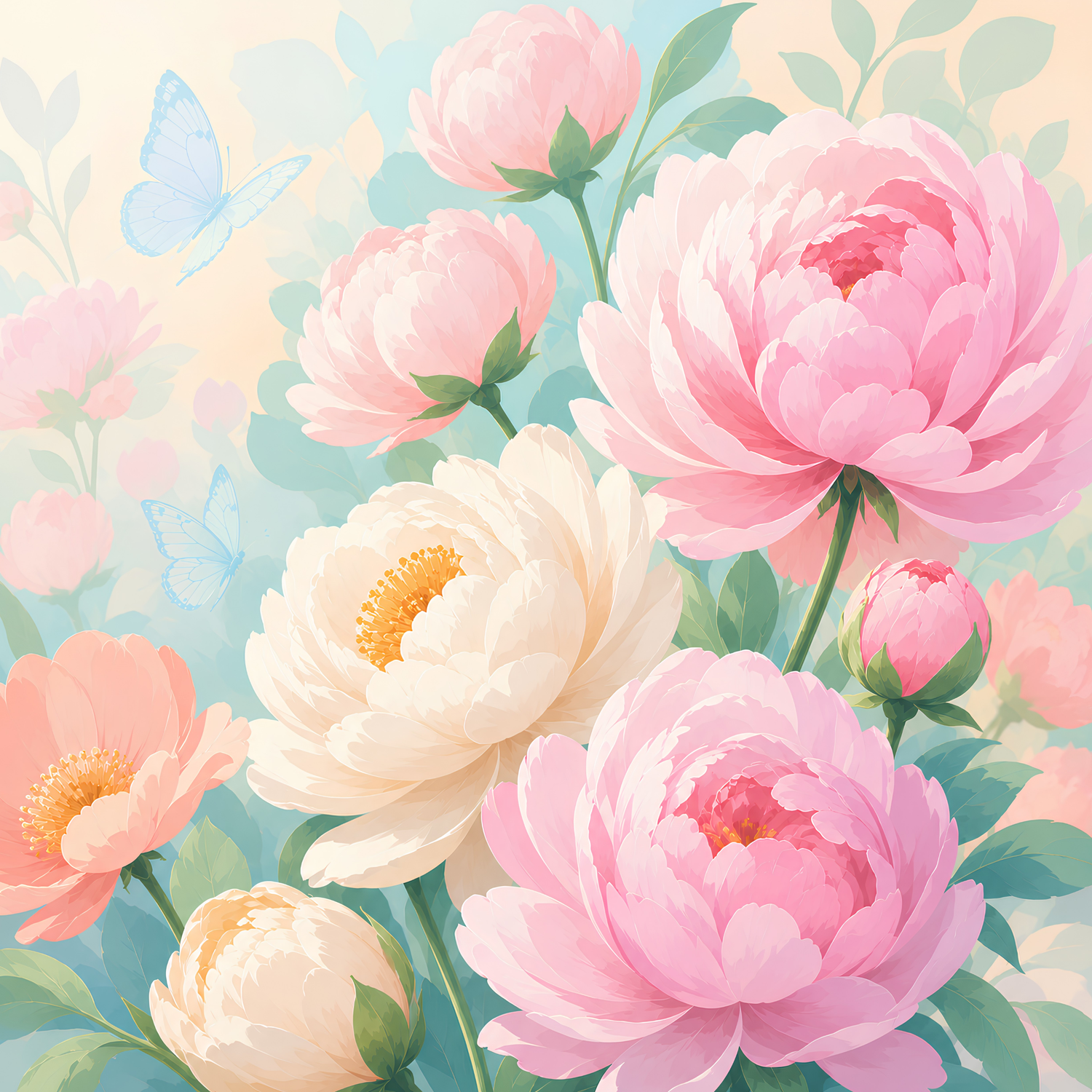 Pastel Peony Garden- Diamond Art Kit (40x40cm, Square Drill)