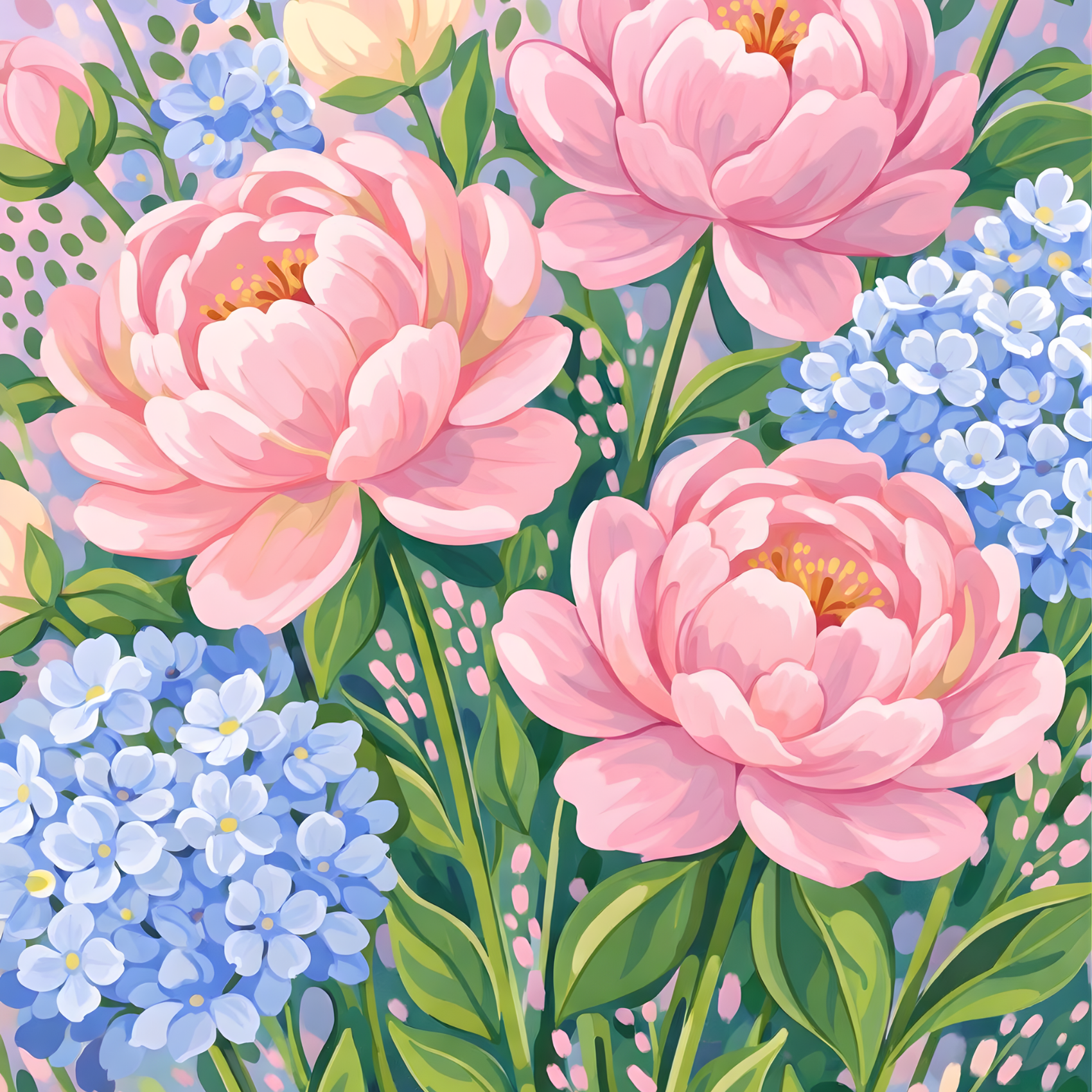 Peonies & Blue Blossoms - Diamond Art Kit (40x60cm, Square Drill)