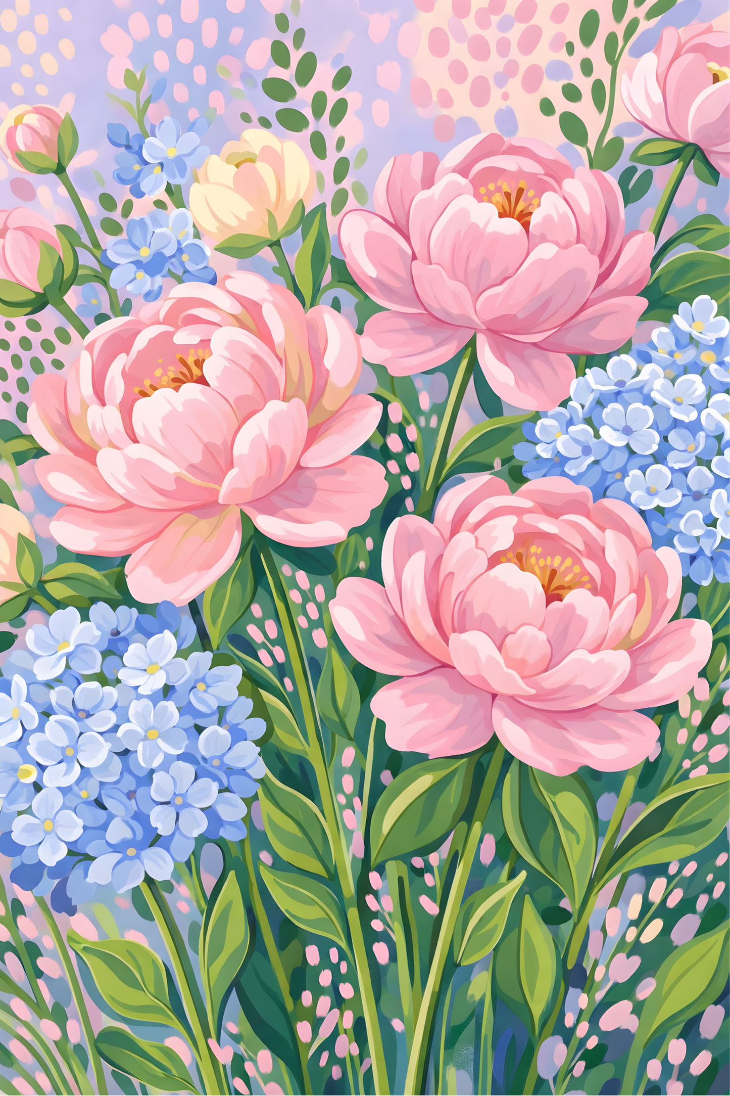 Peonies & Blue Blossoms - Diamond Art Kit (40x60cm, Round Drill)