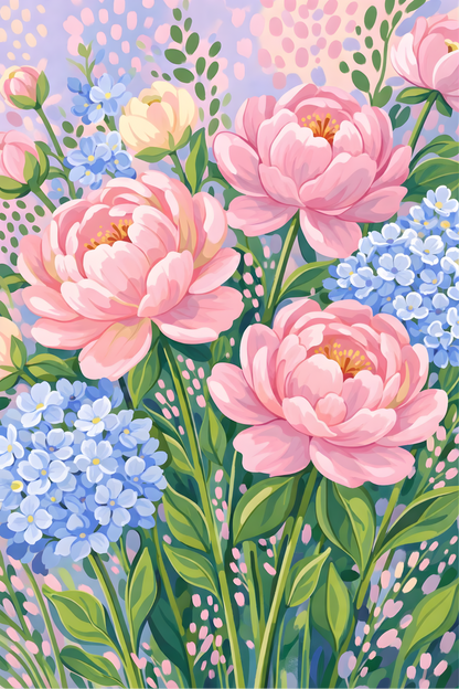 Peonies & Blue Blossoms - Diamond Art Kit (40x60cm, Round Drill)