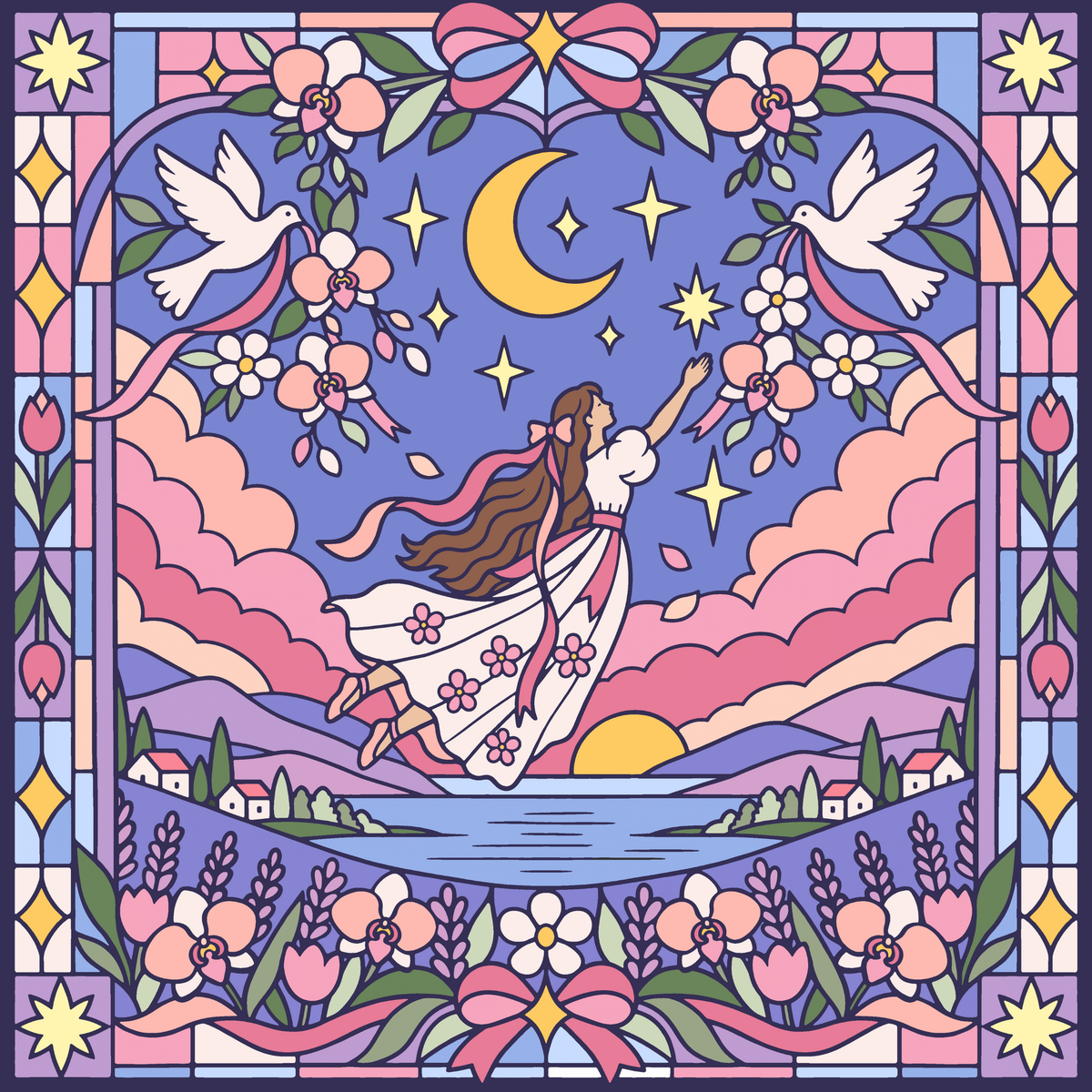 Pink Clouding Star Girl by Textile Bakery – Diamond Art Kit (50x50cm)