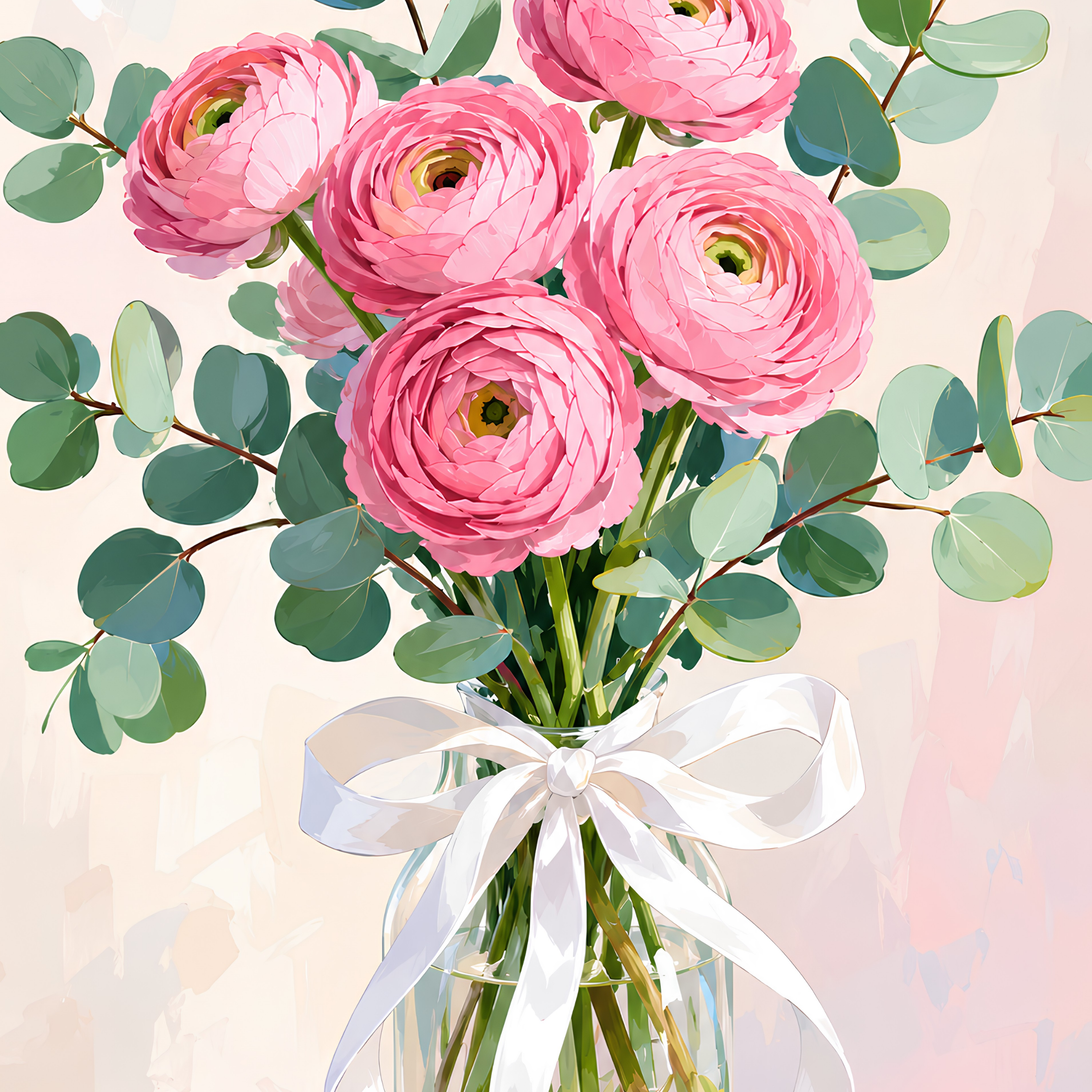 Pink Ranunculus & Eucalyptus- Diamond Art Kit (40x60cm, Square Drill)
