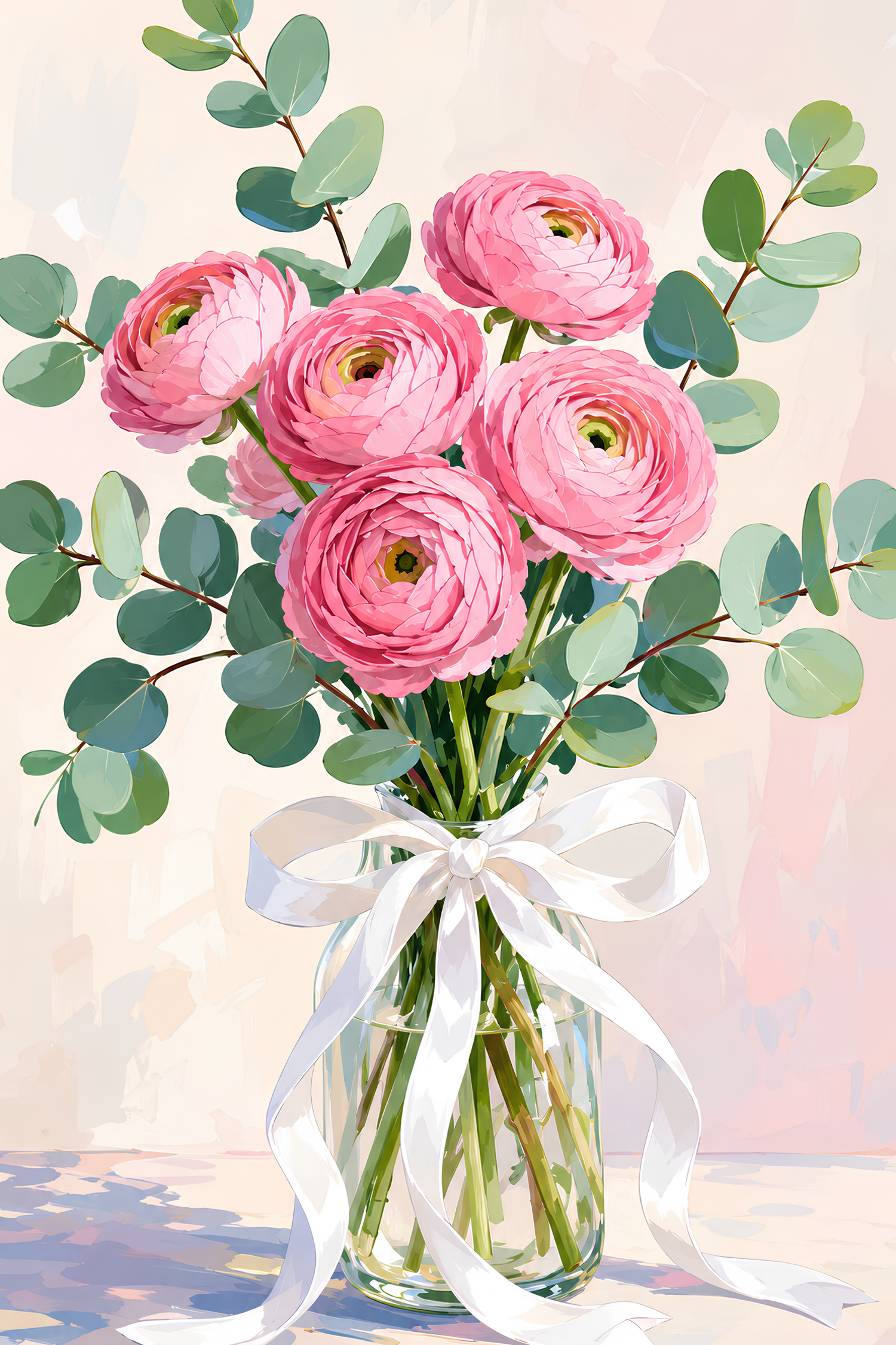 Pink Ranunculus & Eucalyptus- Diamond Art Kit (40x60cm, Round Drill)