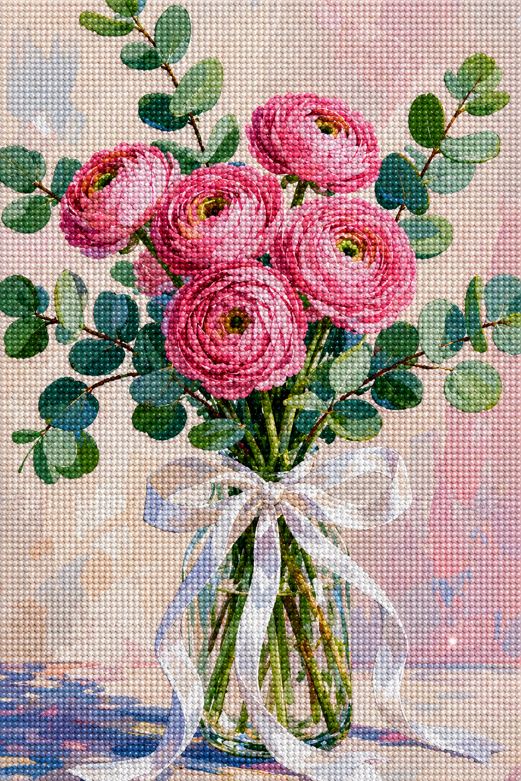 Pink Ranunculus & Eucalyptus- Diamond Art Kit (40x60cm, Round Drill)