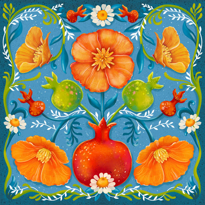 Poppies & Pomegranates by Olga Akbarova – Diamond Art Kit (50x50cm, Square Drill)