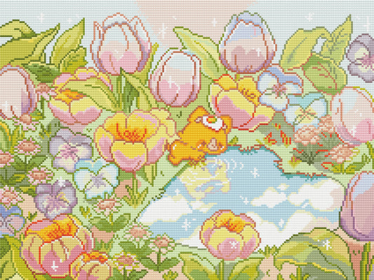 Mochi at the Tulip Pond by Violet Jim Art- Diamond Art Kit (60x45cm Round Drill) Hand Rendered
