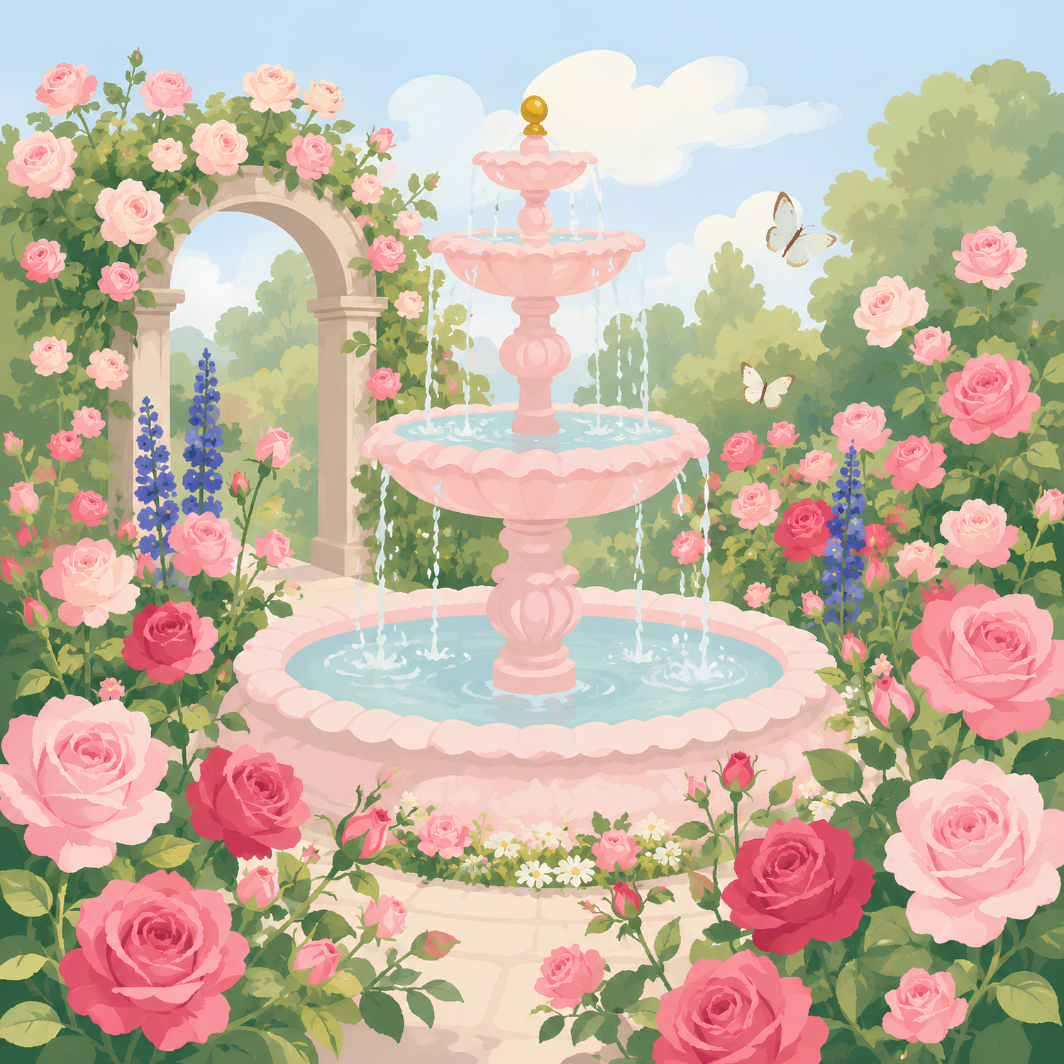 Rose Garden Fountain- Diamond Art Kit (50x50cm, Round Drill)