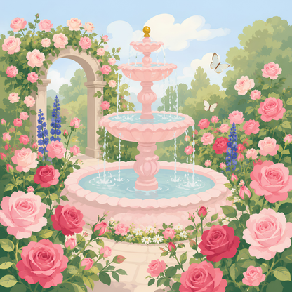 Rose Garden Fountain- Diamond Art Kit (50x50cm, Round Drill)