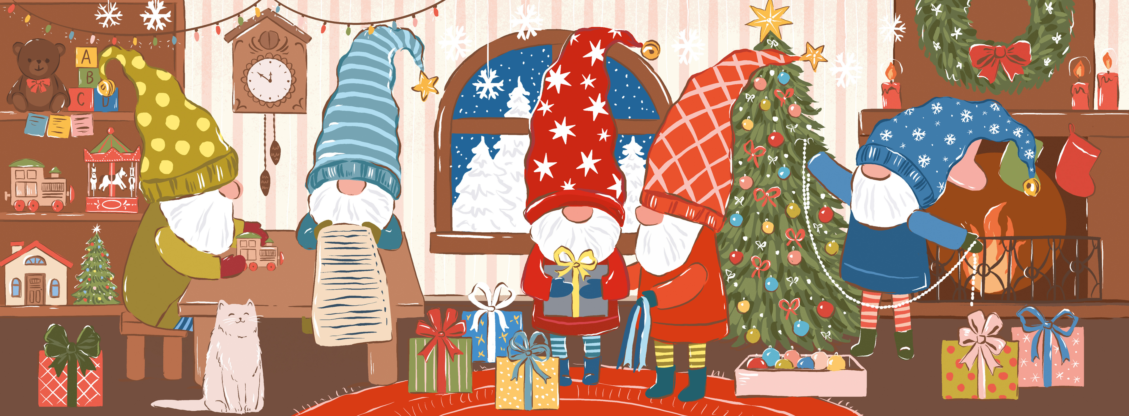 Christmas Gnome Workshop by Hanna Symo- Diamond Art Kit (95x35cm, Square Drill) Hand Rendered