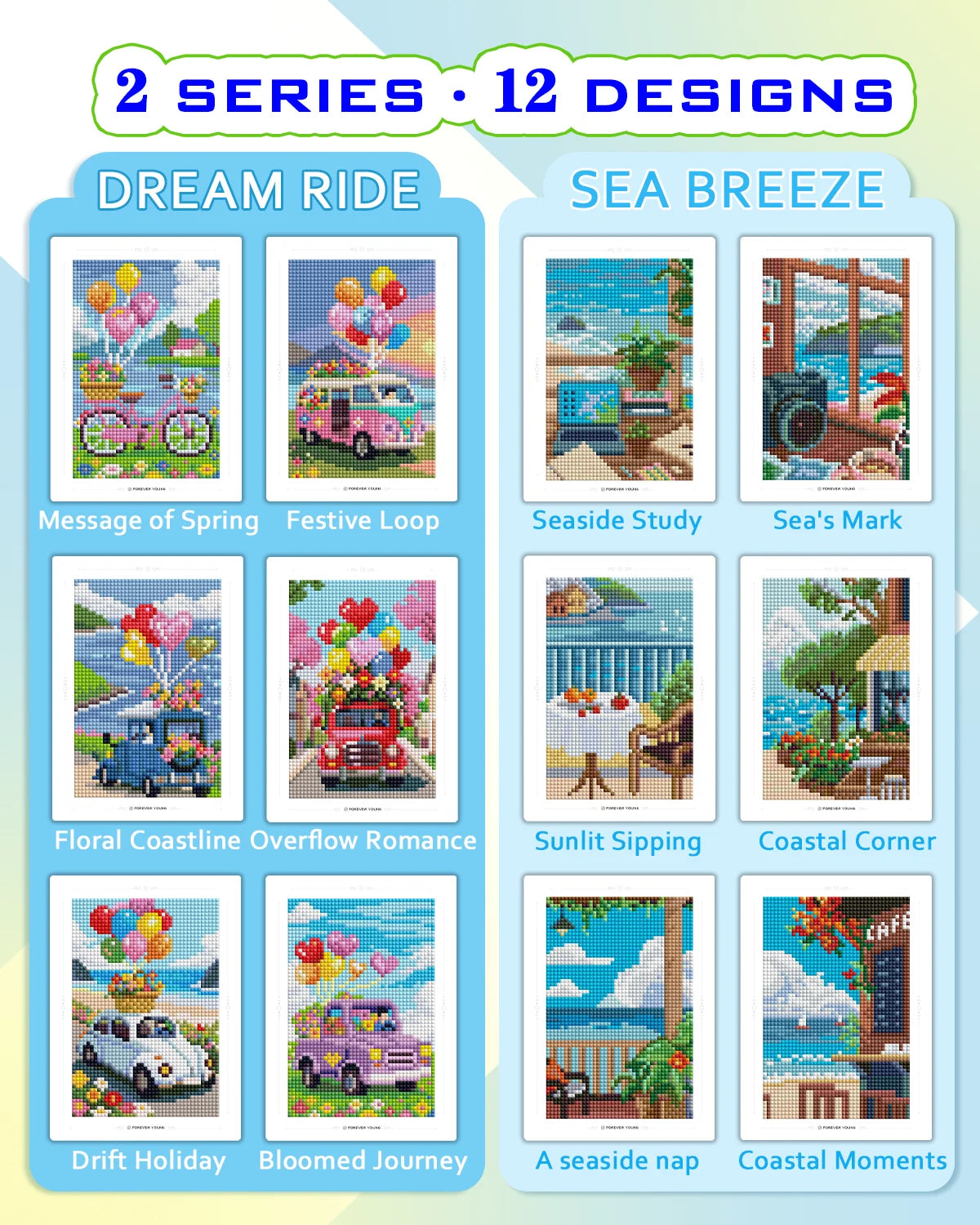 12Pcs Mini Diamond Art Kits 5x7 Inch Resin Square Drill for Beginners Sea Echo & Dream Journey Sets