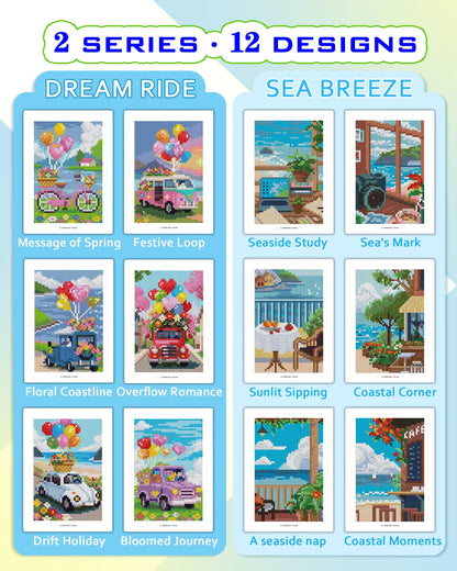 12Pcs Mini Diamond Art Kits 5x7 Inch Resin Square Drill for Beginners Sea Echo & Dream Journey Sets