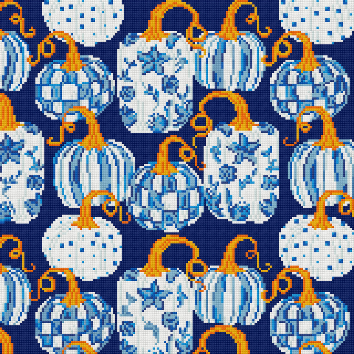 Blue Chintz Pumpkins by Kate Clay Illustration– Diamond Art Kit (40x40cm Square Drill) Hand Rendered