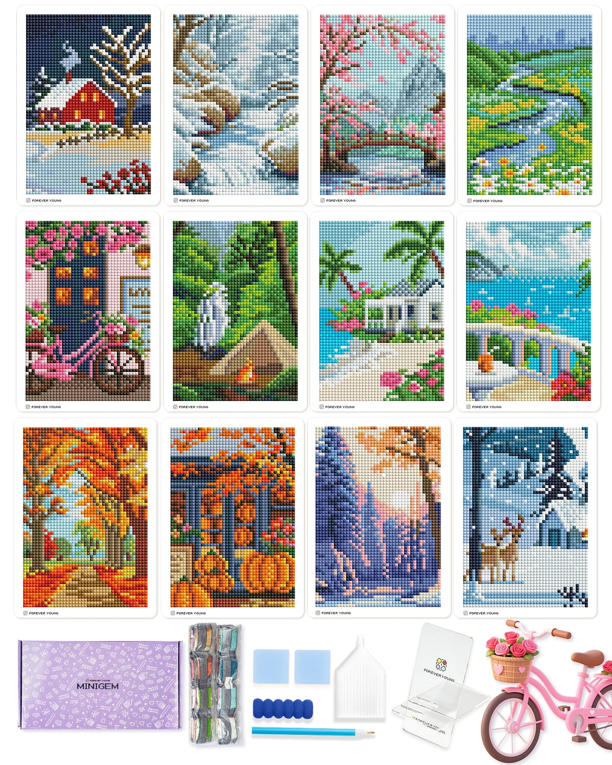 Sparkle Minis Small Diamond Art Kits for Beginners 12Pcs Square Drill Diamond Painting Kits Postcard-Style 12 Months Kit