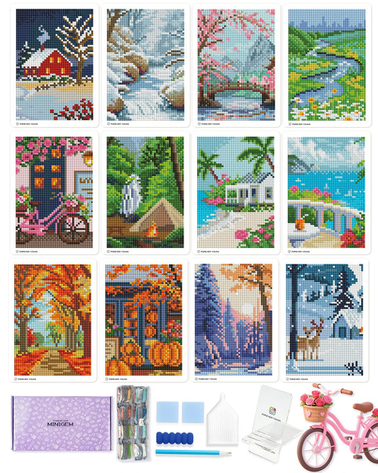 Sparkle Minis Small Diamond Art Kits for Beginners 12Pcs Square Drill Diamond Painting Kits Postcard-Style 12 Months Kit