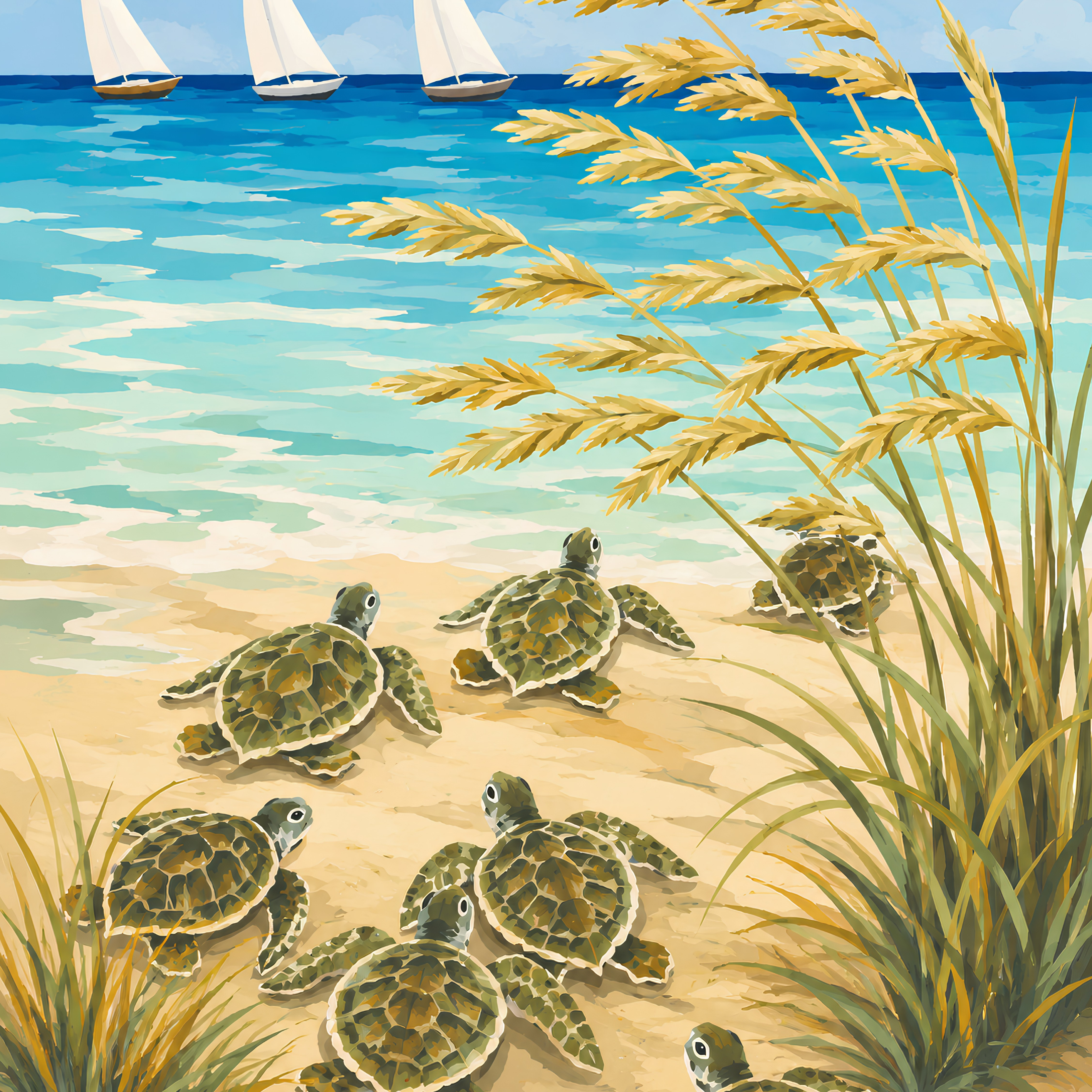 Sailboats & Sea Turtles– Diamond Art Kit (50x60cm, Square Drill)