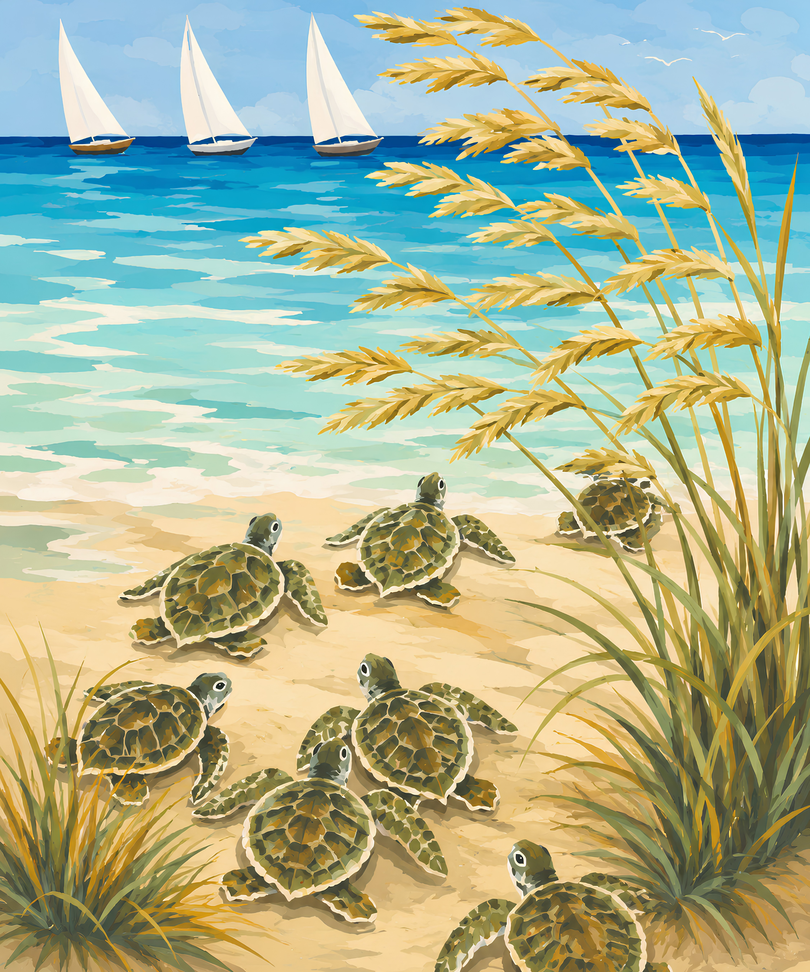 Sailboats & Sea Turtles– Diamond Art Kit (50x60cm, Square Drill)