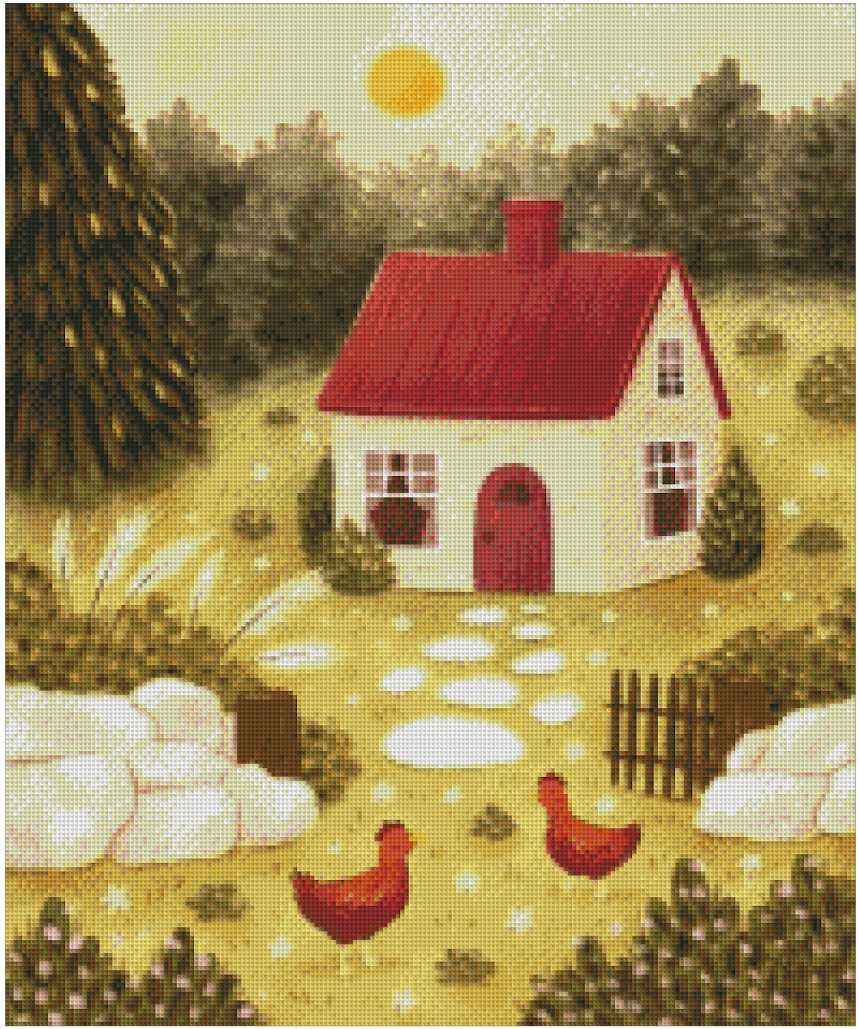 Sunny Cottage Chickens by Ellie Ohnora – Diamond Art Kit (50x60cm, Square Drill)