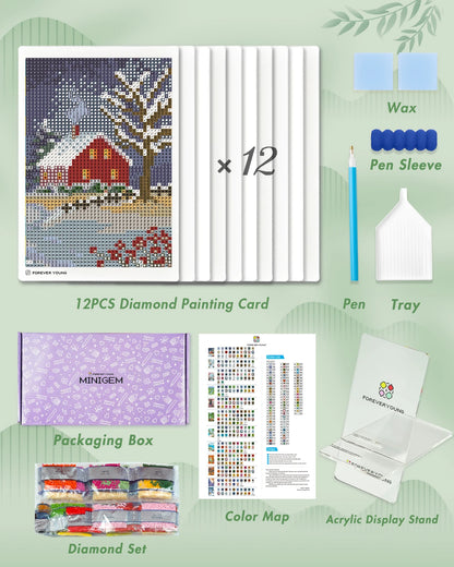Sparkle Minis Small Diamond Art Kits for Beginners 12Pcs Square Drill Diamond Painting Kits Postcard-Style 12 Months Kit