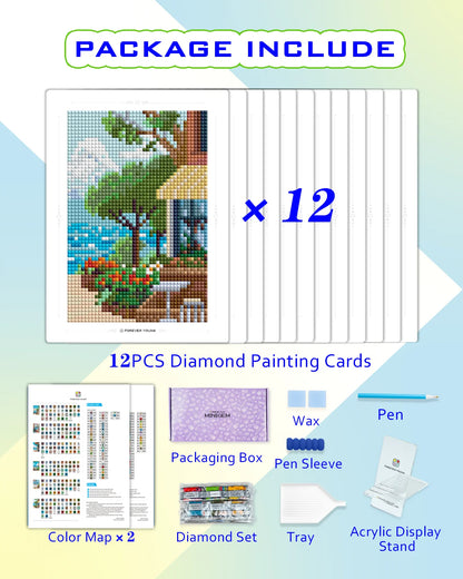 12Pcs Mini Diamond Art Kits 5x7 Inch Resin Square Drill for Beginners Sea Echo & Dream Journey Sets