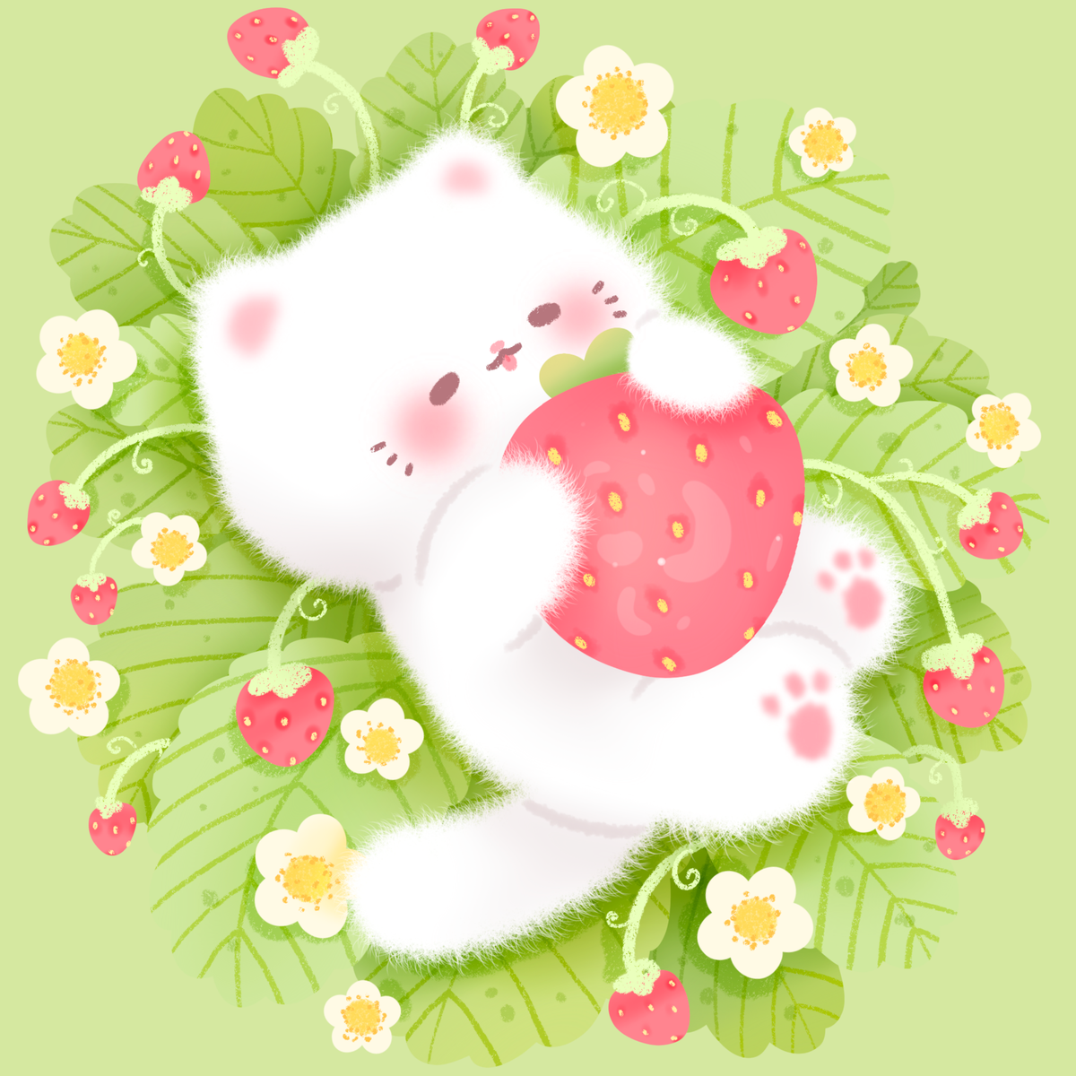 Strawberry Patch Kitty by CraaftyQueen– Diamond Art Kit (30x30cm Square Drill) Hand Rendered
