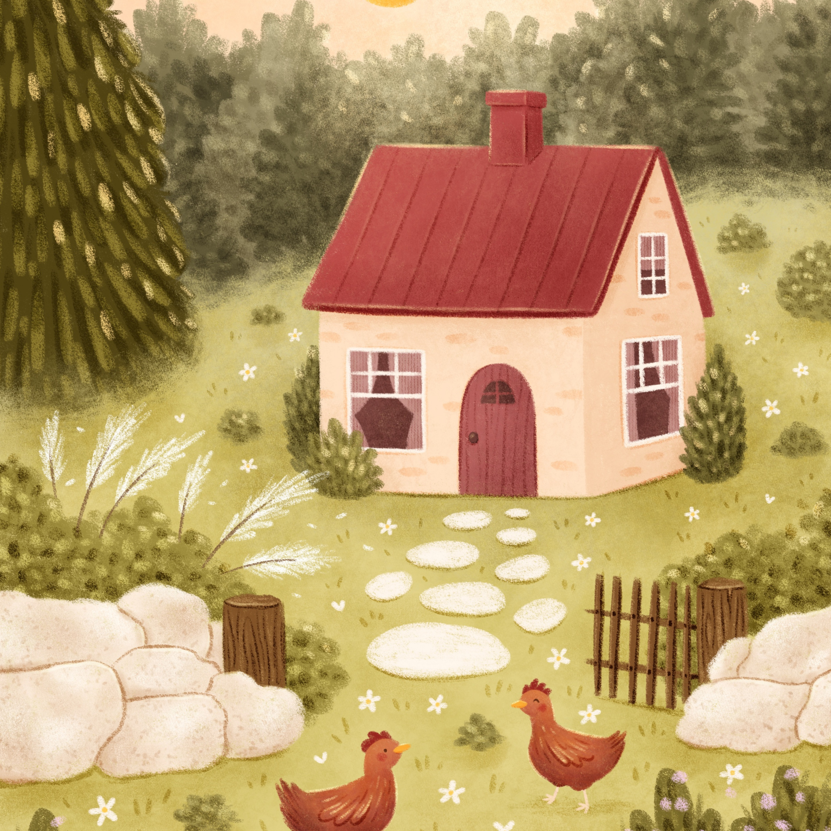 Sunny Cottage Chickens by Ellie Ohnora – Diamond Art Kit (50x60cm, Square Drill)