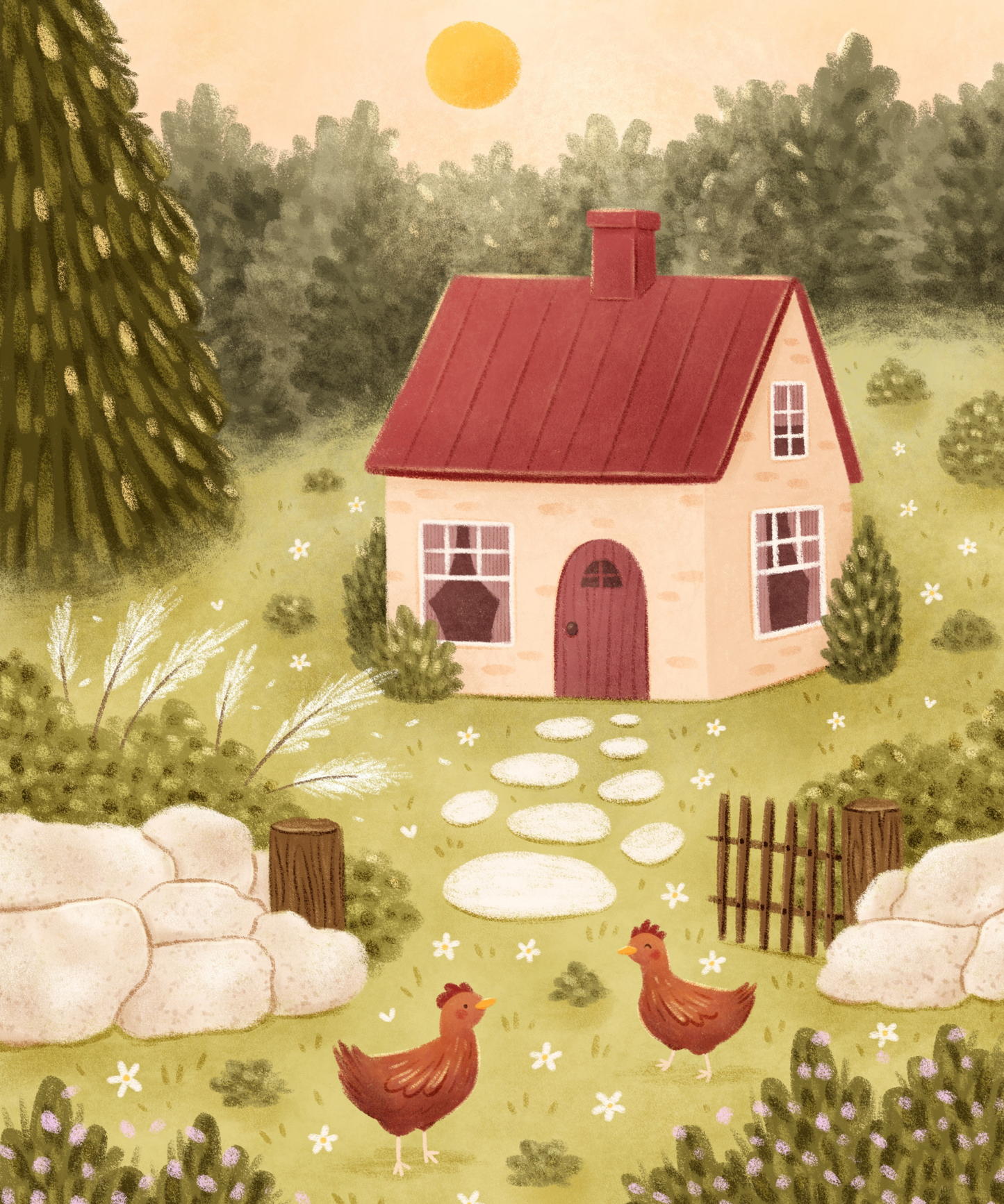Sunny Cottage Chickens by Ellie Ohnora – Diamond Art Kit (50x60cm, Square Drill)