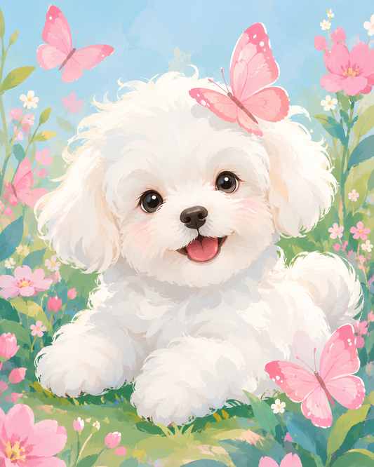 Sweet Meadow Maltese- Diamond Art Kit (40x50cm, Square Drill)
