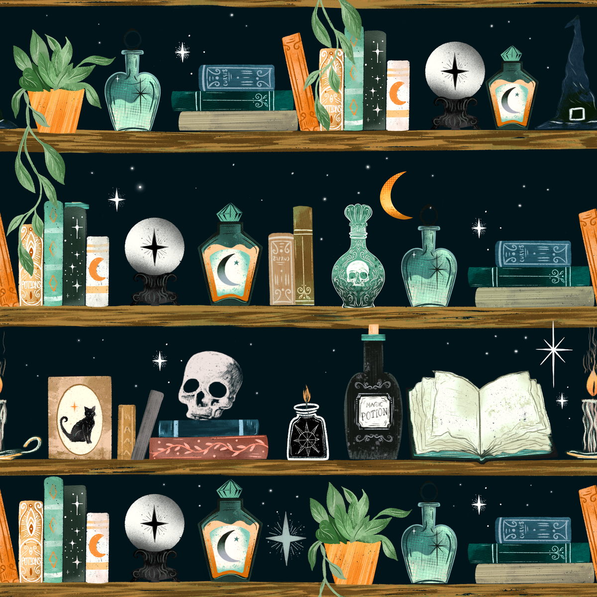 The Witch's Bookshelf by Rose Halsey- Diamond Art Kit (45x45cm, Square Drill) Hand Rendered