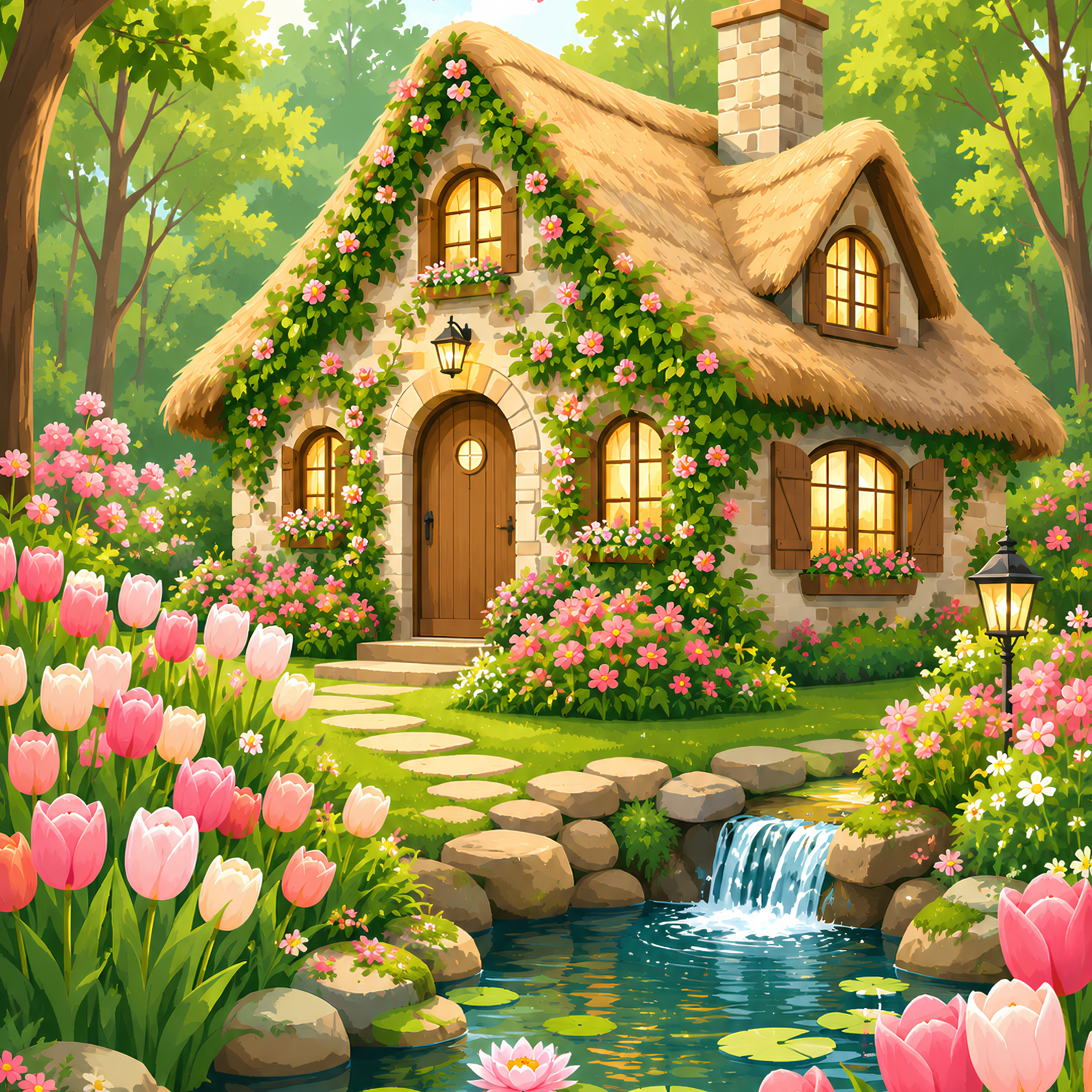 Tulip Cottage Falls – Diamond Art Kit (50x60cm, Square Drill)