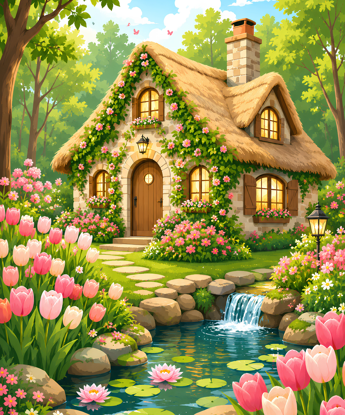 Tulip Cottage Falls – Diamond Art Kit (50x60cm, Square Drill)