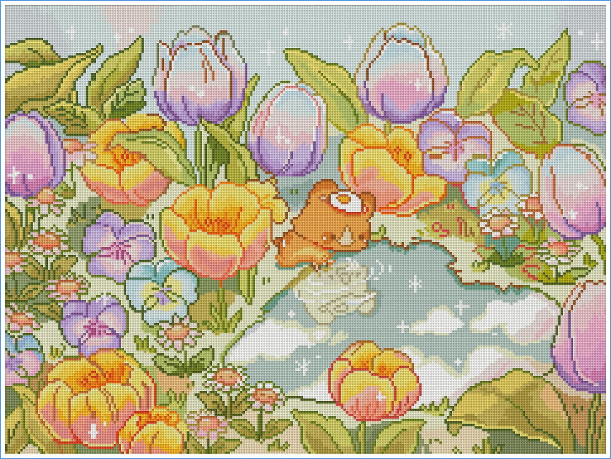 Mochi at the Tulip Pond by Violet Jim Art- Diamond Art Kit (60x45cm Round Drill) Hand Rendered